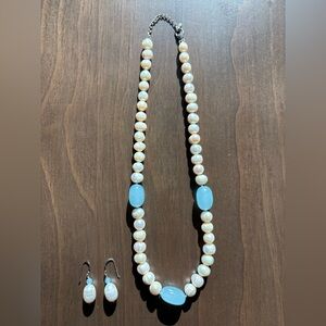 Pearl & Blue Aqua Necklace & Earring Set